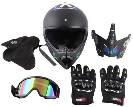 Crosshjälm för barn och vuxna - Offroad-motorcykelhjälm med glasögon, handskar och ansiktsmask, lätt, säkert och ventilerat MTB-/dirtbike-hjälmset (S (55–56 cm))