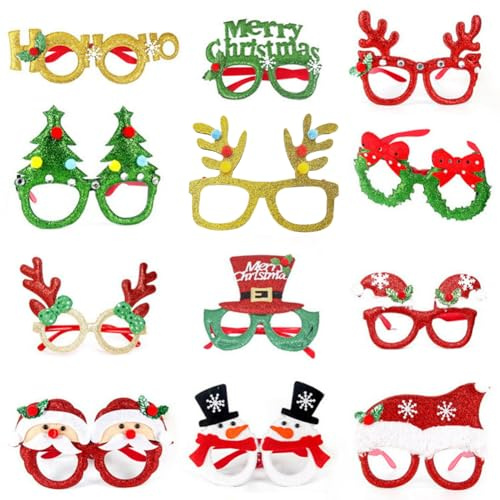 ZesGlyxyr Weihnachtsbrille, 12 Stück Kreative Weihnachten Brillen Party, Weihnachtsbaum Rentier Partybrille, Kreative Weihnachtsdekorationen, Geeignet für Kinder, Jugendliche, Erwachsene D