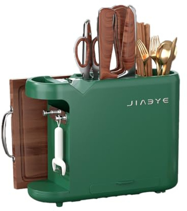 Knife Block Without Knives with Sharpening Stone and Bottom Drain Tank，Large Volume Multi-Functional Partition，Can Place The Cutting Boards，Space Saver for Kitchen (Green)