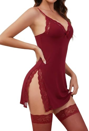 BEINF Lingerie Donna Sexy Babydoll in Pizzo Camicia da Notte Abito Intima Scollo a V Set di negligé Aperto Mini Abito con Perizoma,Calze, 3 Pezzi