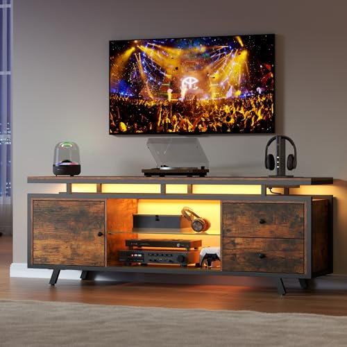 Gyfimoie TV Schrank für 65-Zoll-Fernseher, LED-beleuchtetes Lowboard mit Steckdose und Schubladen und Schränken, TV Board mit Glasböden, fernsehschrank für Wohnzimmer, Schlafzimmer (Braun)