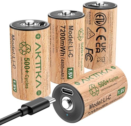 AKTTKA Lot de 4 Piles C Rechargeables / LR14 – 7200 mWh, 1,5 V Lithium avec Câble USB-C, Faible autodécharge, pour Lampes Torches, éclairage Camping & Urgence, radios, Jouets