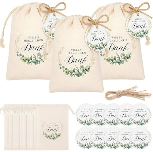 Kvaznix 10 Stück Vielen Herzlichen Danke Geschenke Baumwoll Geschenktaschen Baumwollsäckchen mit Kordelzug 10x15cm Mitgebsel Stoffbeutel für Erzieherinnen Gastgeschenke Kindergeburtstag