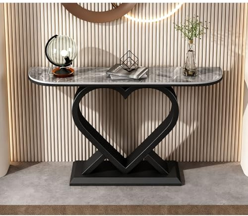 Diodceraic Console con base a forma di cuore, finitura antica, console contemporanea,Tavolo consolle a mezzaluna per divano,tavolo moderno in lastra di roccia per portico(Black B,100x80x30cm)