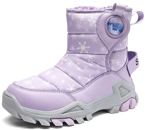 Botas de nieve de un solo color para invierno, para niños, niñas, antideslizantes, cálidas, acolchadas, gruesas, para exteriores, suela resistente, morado, 32 EU