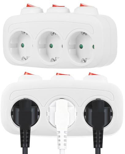Steckdosenleiste Einzeln Schaltbar (2 Stück) 3 Fach 16A 250V Mehrfachsteckdose mit Schalter, Überlastschutz, Kindersicherung, Verteilersteckdose Tragbar Steckdosenadapter für Zuhause und Büro
