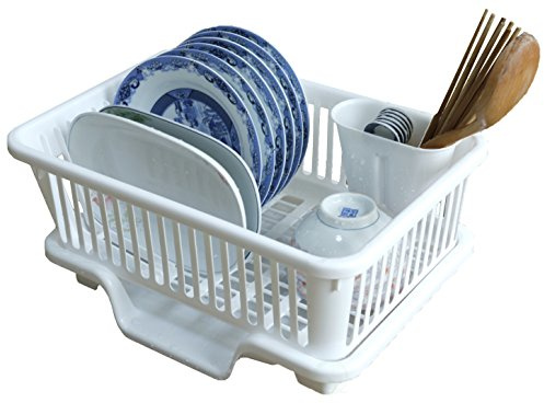 Heavy Duty 2-Piece Plastic Dish Drying Rack Set in White - Includes Large Dish Drainer, Attached Drainboard, and Utensil Cup Holders for Home Kitchen Countertop Organization