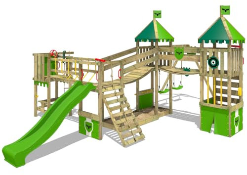 FATMOOSE Spielturm Ritterburg FunnyFortress Free XXL mit Schaukel & apfelgrüner Rutsche, Outdoor Kinder Kletterturm mit Sandkasten Leiter & Spiel-Zubehör für den Garten