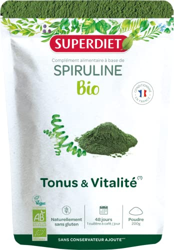 SUPERDIET - SPIRULINE BIO - Immunité, Minceur, récupération sportive -Sachet papier refermable - Conditionné en France -Poudre 200g