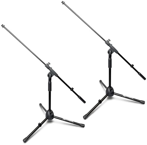 AxcessAbles Low-Profile Microphone Tripod Stand with Boom Arm | Adjustable Height Short Floor Mic Stand with Boom | Kick Drum Mike Stands | Guitar Amp Stands (2-Pack)