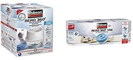 Rubson AÉRO 360° Absorbeur d'Humidité spécial Salle de Bain, Déshumidificateur anti-odeur, Absorbeur anti-humidité & condensation, inclus 7 recharges neutres de 450 g
