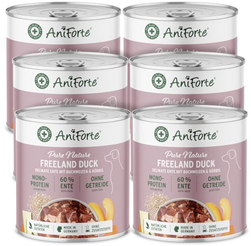AniForte Hundefutter Nass Freeland Duck 6 x 800g – Nassfutter für Hunde mit viel Entenfleisch, Gemüse & Früchte, essentielle Mineralstoffe, natürliches Hundenassfutter glutenfrei