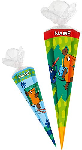 alles-meine.de GmbH Schultüte - Die Sendung mit der Maus - 50 cm - 6 eckig - incl. Name - Tüllabschluß - Zuckertüte - mit/ohne Kunststoff Spitze - Jungen Mädchen - Blauer Elefa..