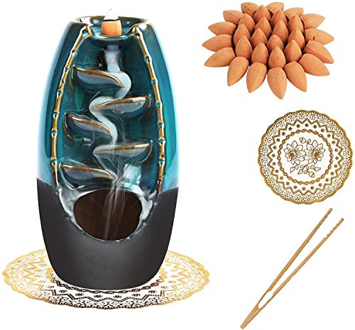 GURECOD Keramik Reflowable Weihrauch Brenner mit 50 Sandelholz Sticks + 1 Pinzette + 1 Spacer, Aroma Dekorative Home, Blau Set