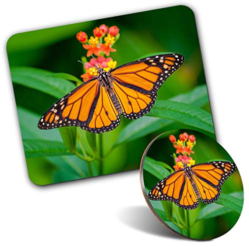 Rectangle Mouse Mat & Round Coaster Set - Orange Monarch Butterfly Danaus Plexippus 20 cm & 9 cm for Computer & Laptop, Office, Gift, Non-slip Base #45945