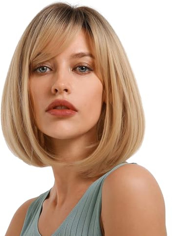 EMMOR Kort blond peruk för kvinnor, naturligt syntetiskt hår ombre bob-peruker med snygg lugg mörk rot för vardag/fest/cosplay (35 cm, blond)