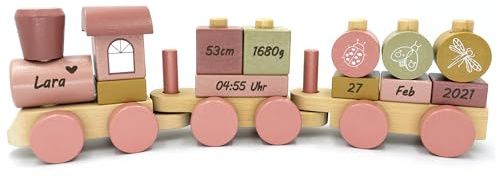 Coverlounge Holz Zug Eisenbahn Lokomotive mit Steckformen ROSA/BLAU | gelasert/personalisierbar | zur Geburt und Geburtstag