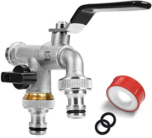 SPGOOD Premium Garten Wasserhahn, 1/2 Doppel Messing Wasserhahn rost- und hochtemperaturbeständig + mit 2 Schlauchanschlüsse + 1x Trommeldichtband, Doppelgelenk und Schlauchtülle für Garten(Schwarz)