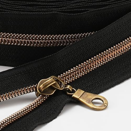 Sawoake Cerniera lampo in nylon nero con denti in ottone antico, 9,1 m (#5), 20 cursori di ricambio per borse da cucito
