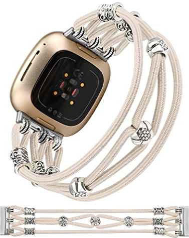 Wearlizer Perlen Armbänder Kompatibel mit Fitbit Sense/Versa 3, Versa 4/Sense 2 Armband Damen, Geflochtenes Nylon Stoff Elastische Boho Stretchy Solo Loop Stylish Ersatzarmband für Versa 3