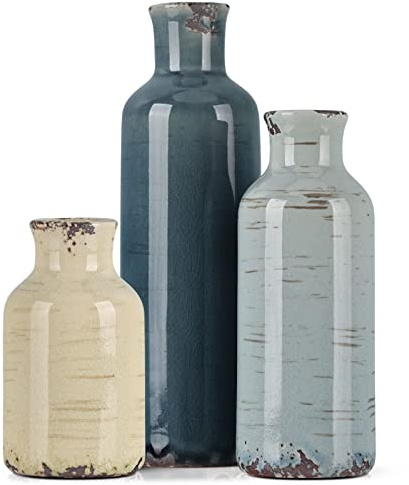 Mehrfarbiges Keramikvasen-Set im 3er-Pack, Küstestil, rustikal, Landhausstil, für Regal, Esstisch, Kaminsims, Wohnzimmer, Couchtisch, Tischplatte, Küchenschrank und Eingangsbereich