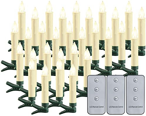 Lunartec LED-Kerze außen: 30er-Set LED-Outdoor-Weihnachtsbaum-Kerzen mit Timer, warmweiß, IP44 (Kerze Weihnachtsbaum kabellos, schnurlose Kerzen, Kabellose Lampen)