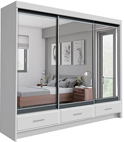 COMFATRA Alaska 256cm Modern Wardrobe for Bedroom with Sliding Doors Mirror Wardrobe, 3 Door Hanging Rails & Adjustable Shelves, Space Saving Furniture (White) ALSKA120