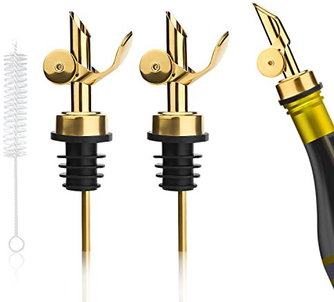 Vertedor de Acero Inoxidable, 3uds Juego de Acero Inoxidable con Vertedor de Vino Cierre Automático Vertedor de Botellas con Cepillo de Limpieza para Alcohol Aceite de Oliva Vinagre (Dorado)