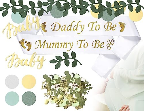 KAPSING Decorazione Baby Shower Neutra: 100 Pezzi Confetti Oro e Ramo, 2 Fasce Mamma e Papà, Materiale Carta, Occasione Baby Shower