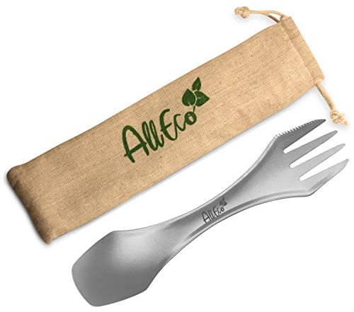 AllEco® Titan Spork Göffel Camping Besteckset 1 Person Outdoor Besteck to go ultraleicht Besteck Camping-Geschirr Messer Gabel Löffel Campingbesteck Set Survival titanium cutlery set Essbesteck