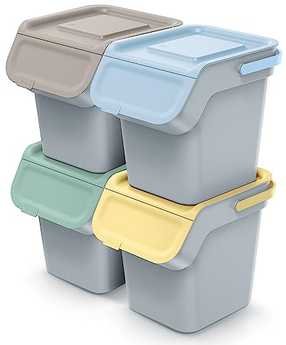 IMJ-Global - Contenedores diferenciados de interior pequeños, juego de cubos de basura diferenciada apilables (4 x 20 L), cubo de basura cómodo kit de recogida selectiva interior para casa, local