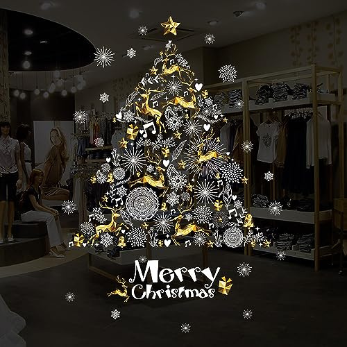 Grandi adesivi natalizi per finestre, decalcomanie per la rimozione di casa, negozi, vetrine e porte (albero di Natale bianco e oro)