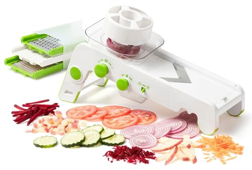 Starfrit Cubing Pro Mandoline Slicer, Dicer - 4 Blades & Graters with Storage Box - Straight & Crinkle V-Blades, Fine & Coarse Graters - 10 Thickness Settings, 3 Julienne Sizes