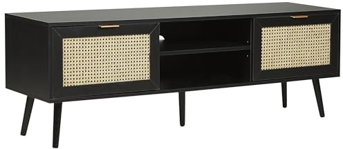 TV-Schrank Rattan schwarz / beige 2 Türen 150 x 40 x 52 cm modern Opoco