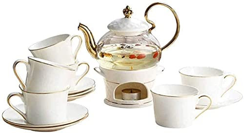 ROLTIN Ensemble de 6 Tasses à café Expresso Turc en Porcelaine Tendre, théière en Verre sans Danger pour la cuisinière, Couvercle en Porcelaine, Chauffe-thé, Service à thé aux Fleurs,