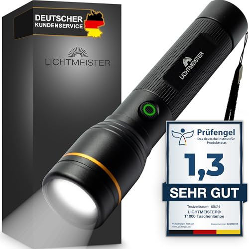 LICHTMEISTER® Taschenlampe (1000 Lumen, 4000 mAh Akku) - Taschenlampe LED aufladbar & extrem Hell