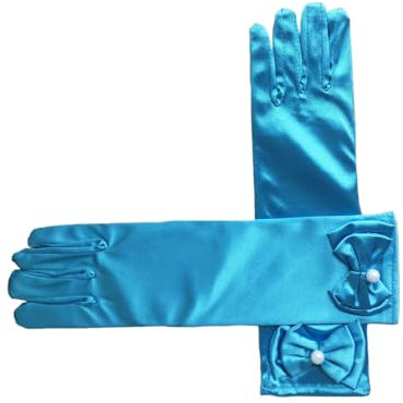 Wambere Damen Lange Handschuhe Prinzessin Mädchen Satin Handschuhe mit Schleife Kommunionhandschuhe Mädchen Brauthandschuhe für Kinder Hochzeitskleid Fasching Halloween partyzubehör Kostüm,Blauer See
