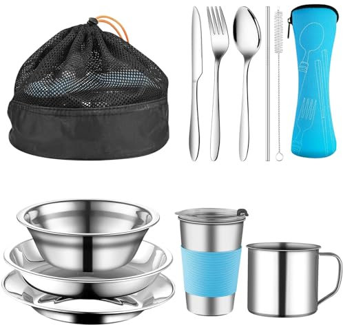 Gavetta Scout, Stoviglie Blu 10 PCS, Campeggio in Acciaio Inox con Posate, Forchette, Ciotole e Bacinelle, Gavetta Scout 1-2 Persona, Posate da Campeggio per Picnic, Campeggio e Viaggi all'aperto