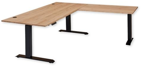 Eckschreibtisch höhenverstellbar elektrisch in Altesche furniert FSC-zertifiziert - Verstellbarer Bürotisch mit digitaler Höhenanzeige & Memory Funktion - 185 x 64-129 x 177 cm (B/H/T) | 185 x 64-129 x 177 cm (B/H/T), digitale Höhenanzeige, 4 Memory-Funktionen, Kabeldurchführungen, schwarzes Metallgestell