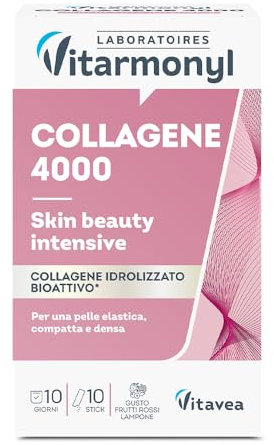 Collagene 4000 - Benessere e Bellezza della Pelle - Pelle Elastica, Compatta e Rimpolpata - Collagene Marino Idrolizzato - 10 Stick Gusto Frutti Rossi e Lampone - Vitarmonyl