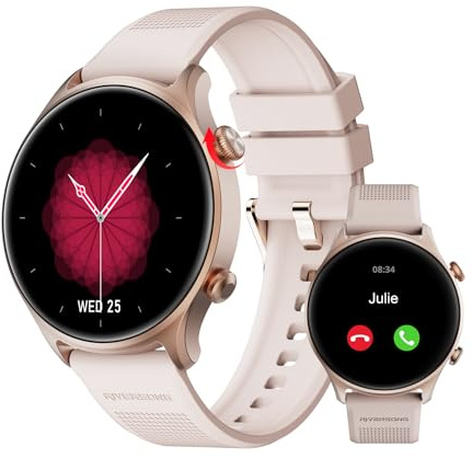 RIVERSONG Runde Smartwatch für Damen, 1.52 Aktivitätstracker mit BluetoothAnruf/Sprachassistent für Android iPhone, 100+ Sportmodi, Puls-/Schlaf-/SpO2-Monitor, Menstruationszyklus, Roségold