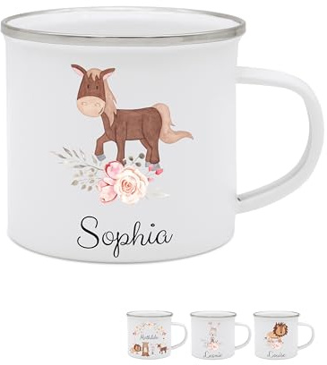 wunderwunsch - Personalisierte Emaille Tasse Kinder mit hochwertigem Spezial-Druck – Bruchsicher, Leicht & Umweltfreundlich – Perfekt für Zuhause, Kindergarten oder Camping (Pferd Blumen)