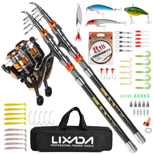 Lixada 2-teiliges Angelruten- und Rollen-Set, Teleskop-Angelrute aus Kohlefaser mit Spinnrollen-Set, Tragetasche, Koffer, Salzwasser/Süßwasser, Reise-Angelköder, Jighaken, komplettes Set