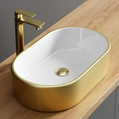 Planetmöbel Aquil Elegant Waschbecken Oval, Aufsatzwaschbecken | Badezimmer und Gäste-WC, Handwaschbecken ohne Hahnloch und Überlauf, Gold Weiß, 55 x 34 x 14 cm