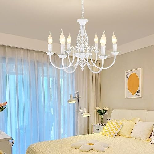 BBWO Vintage Pendelleuchte Esszimmer Kronleuchter Höhenverstellbar Esstischlamp Landhausstil E14*6 Hängeleuchte Metall Lampenschirm Hängelampe Retro Bar Wohnzimmer Cafe Esszimmer Deckenlampe(Weiß)