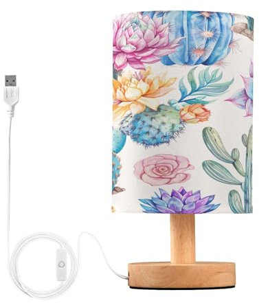 SKYSHU Lampada da comodino a forma di cactus, piccola lampada da tavolo a LED con base in legno antiscivolo e paralume per soggiorno, camera da letto, dormitorio, casa, ufficio, decorazione per
