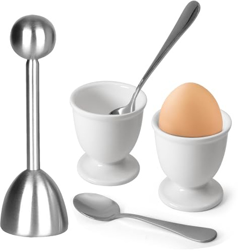 vibedor Egg Cups and Egg Cracker Set for Soft Boiled Eggs, 1 Stainless Steel Egg Cutter, 2 Stainless Stain Spoons and 2 Ceramic Egg Stands in Kitchen, Parties for Breakfast, Host
