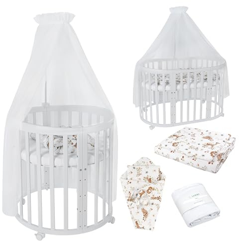 waldin Babybett Oval 7in1, Matratze, Rollen, Regal, Weiß | Weiß Tiere, Mitwachsend, Beistellbett aus Holz, Wiege optional