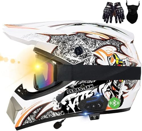 Motocross-Bluetooth-Helme, ECE-geprüft, Motocross-Helme mit Handschuhen/Brille/Maske, bequem und belüftet, sicher, geeignet für Motocross, MTB, Cross-Bike, BMX J,S55-56CM
