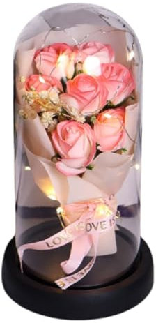 ZiaWorld Valentines Eternal Rose Bouquet Artificial Flower with LED Light, Beauty and The Beast Rose Lamp In The Glass Dome, Romantic Gift for Girlfriend & Wife for Birthday Anniversary (Pink)